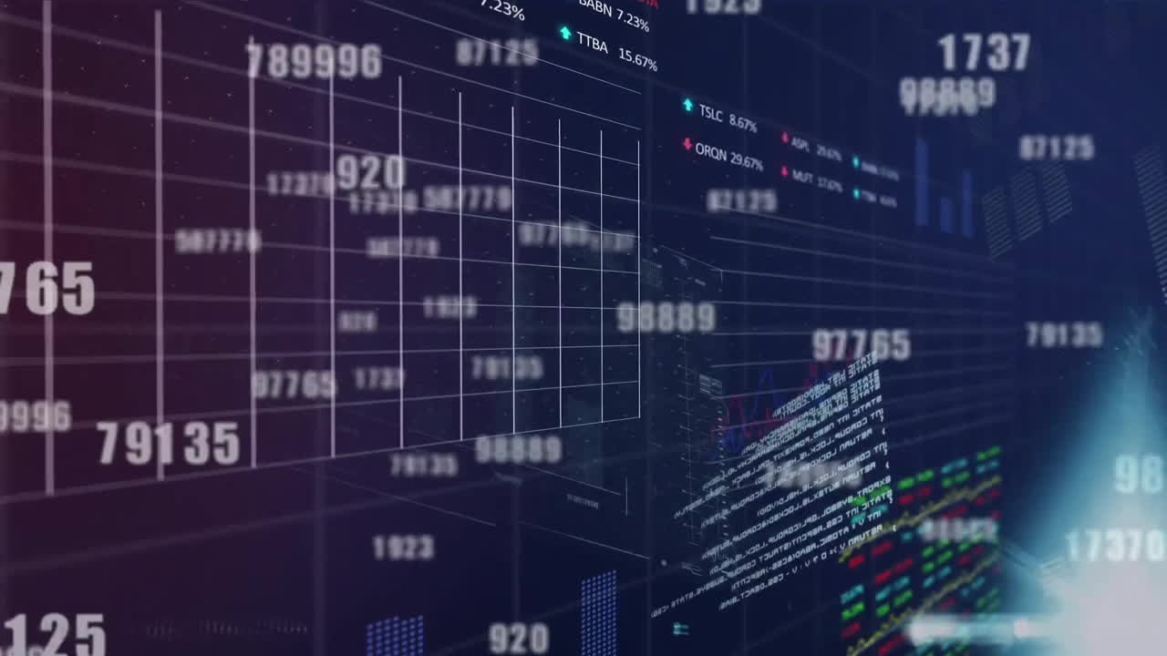 Animation of financial data processing over dark background