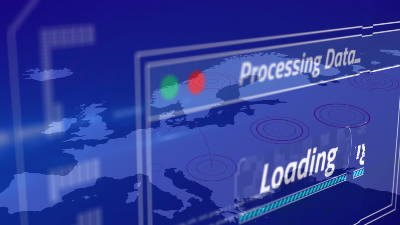 animación de múltiples textos en cuadro, lenguaje informático y mapa sobre fondo azul