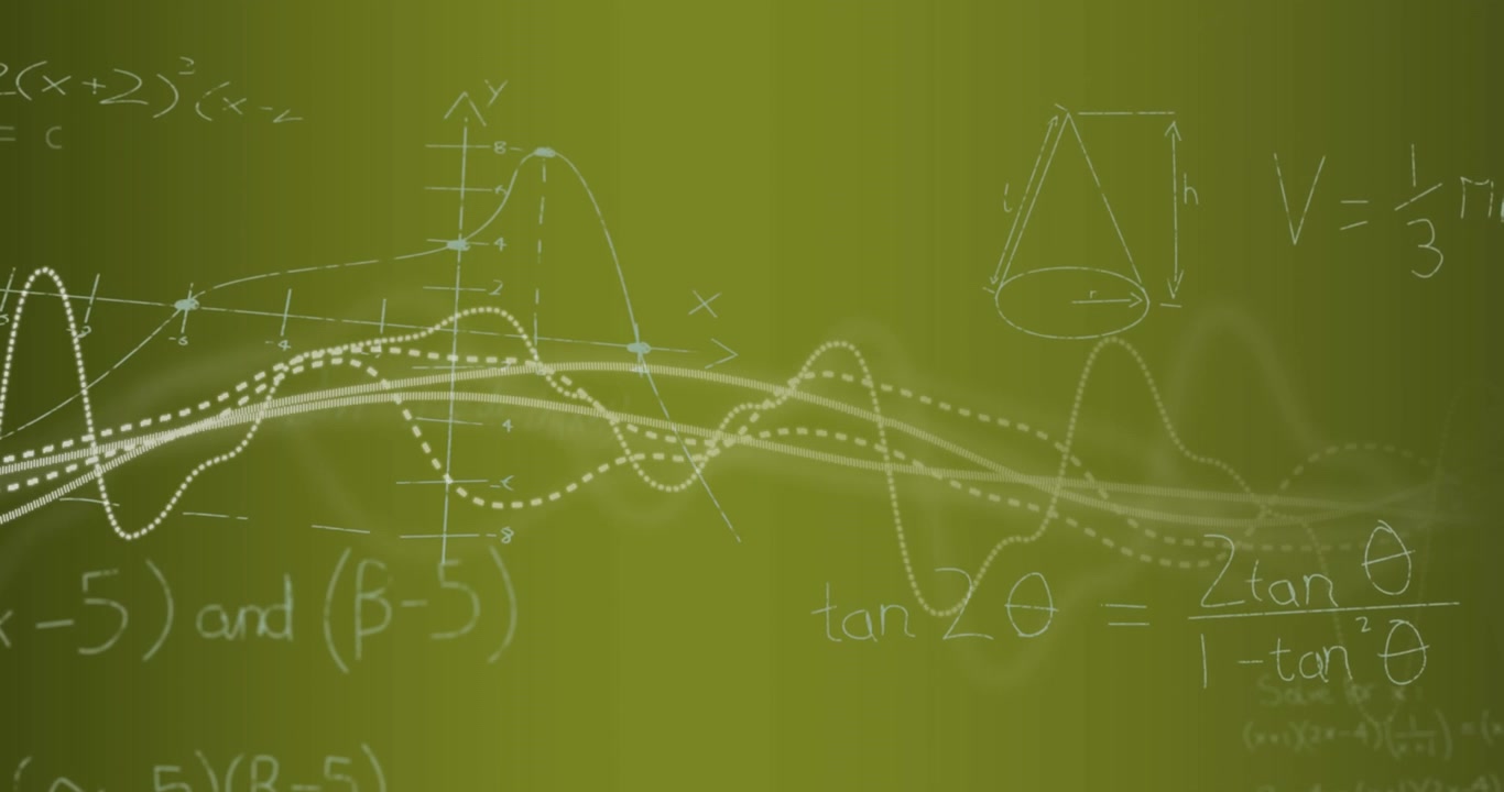 Animation of data processing and mathematical equations floating against yellow gradient background