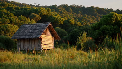 wooden hut in a forest landscape at sunrise/sunset
