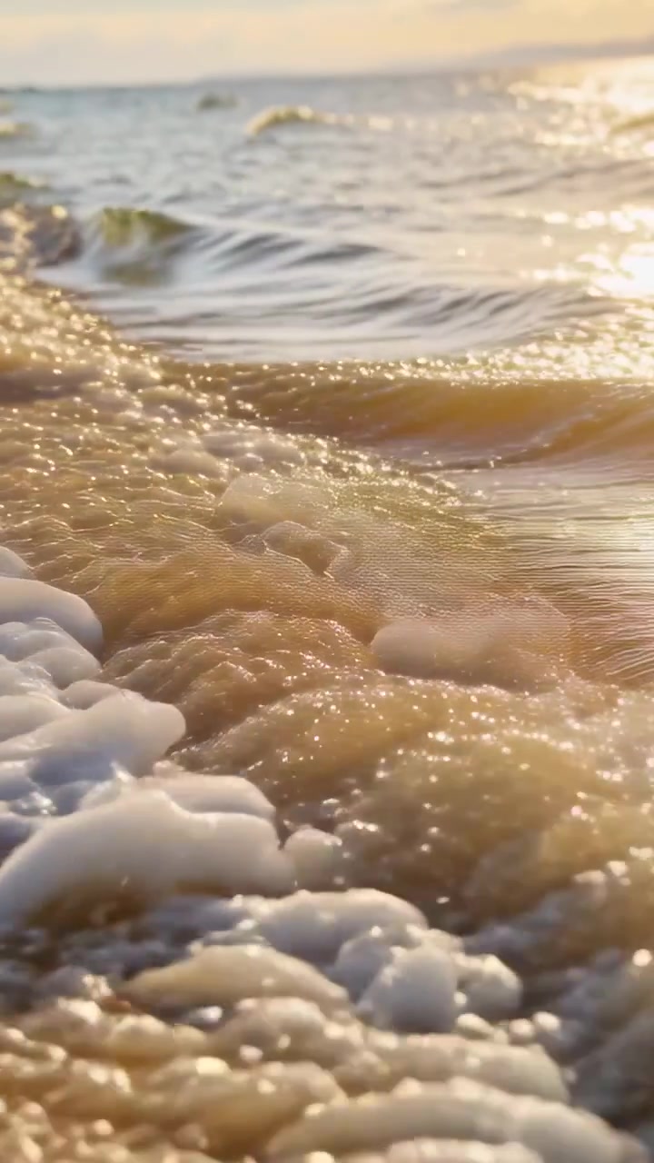 Vídeo vertical: Onda quebrando de uma ondulação, enrolando e derramando espuma sobre a areia molhada, seixos iluminados pelo sol.