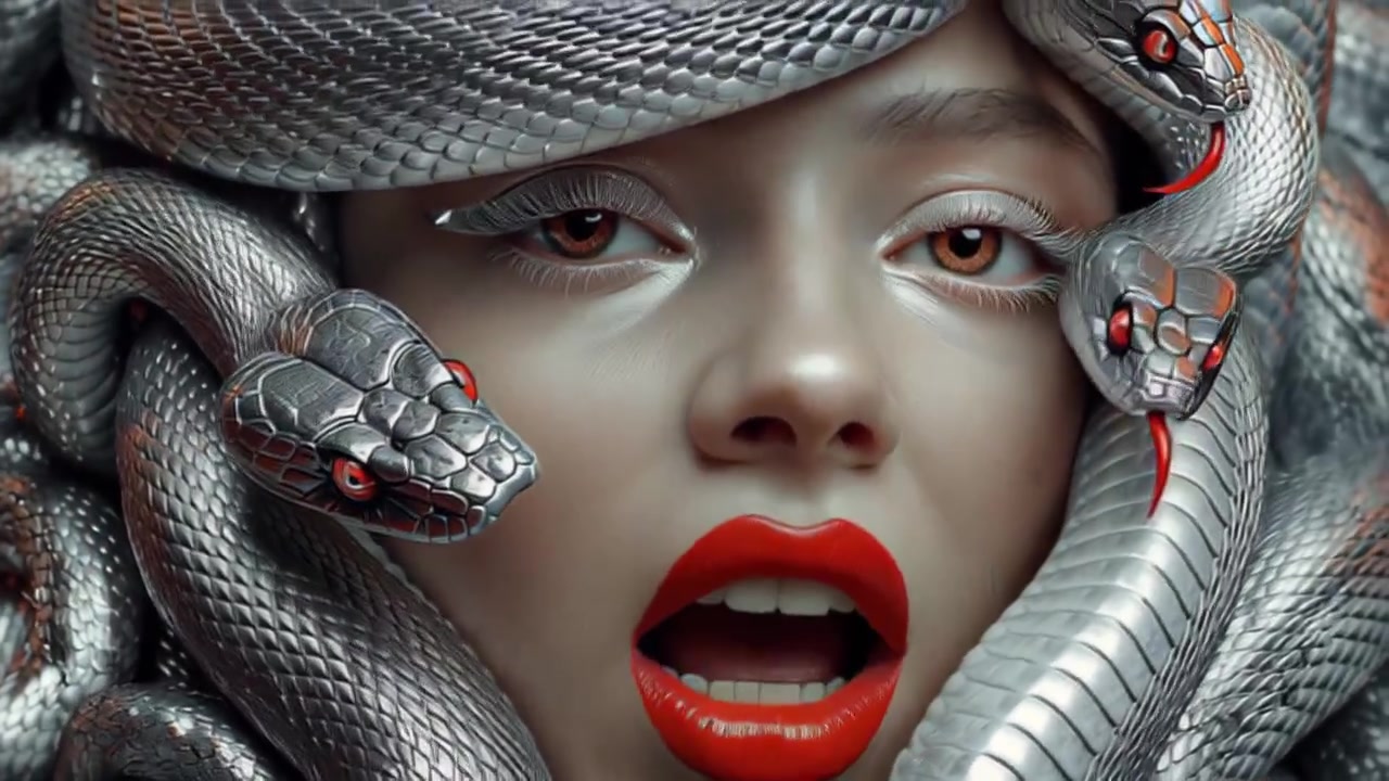 Ritratto ravvicinato cinematografico di una donna circondata da serpenti d'argento attorcigliati con occhi e lingua rossi, concetto di horror fantasy con illuminazione drammatica e dettagli nitidi.