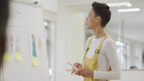 caucasian businesswoman standing at whiteboard, talking, giving presentation in office