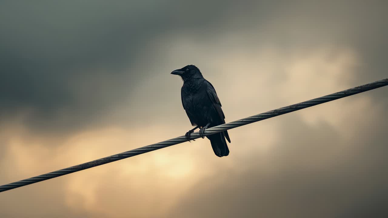 Luce fioca che illumina un corvo nero appollaiato su una linea elettrica che scruta l'ambiente circostante, con un cielo nuvoloso sullo sfondo