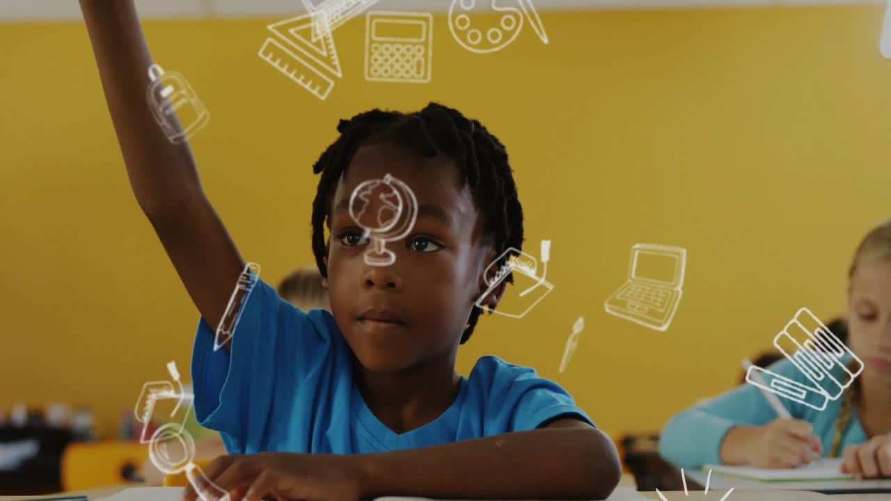 Animation of school items icons over diverse schoolchildren learning in classroom