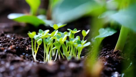 close-up of young seedlings growing in soil