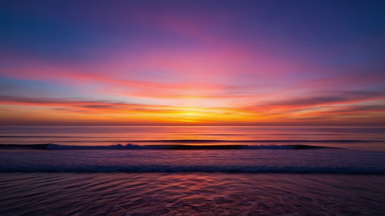 A breathtaking sunset over calm waters, showcasing vibrant hues of purple, orange, and pink, reflecting off the serene ocean waves and creating a tranquil atmosphere