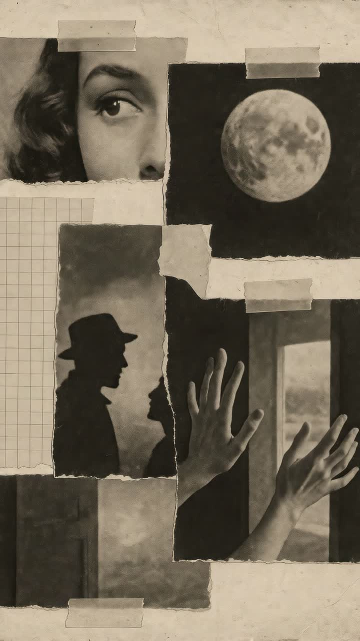 Vintage collage with noir elements, featuring a woman's gaze, moon, and silhouettes