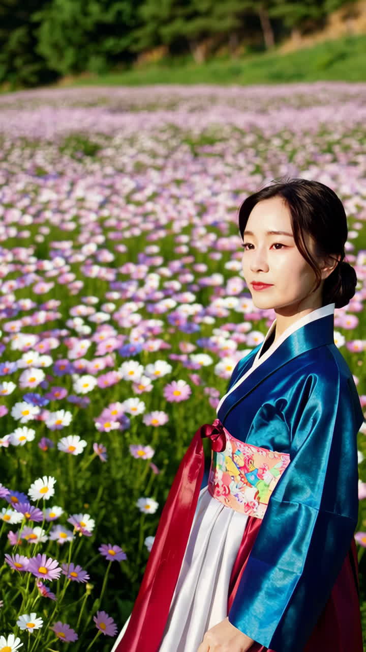 Woman in Hanbok in a Flower Field