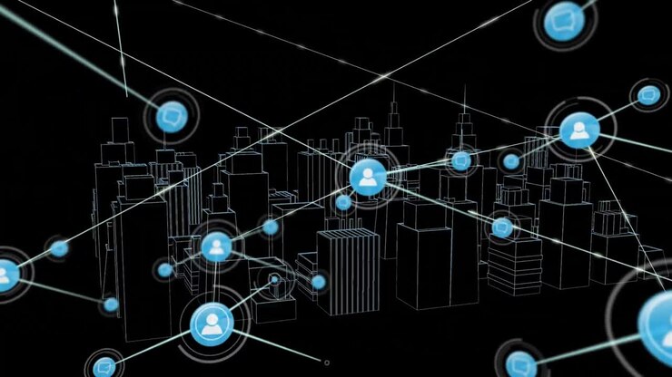 Animation of networks of connections with icons over 3d city drawing spinning on black background