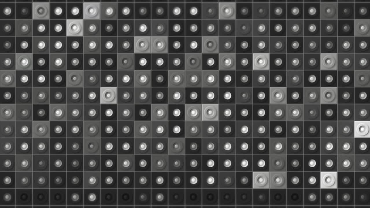 Digital animation of mosaic pattern wall, seamless loop. Motion. Monochrome blinking squares with small dots in the middle.