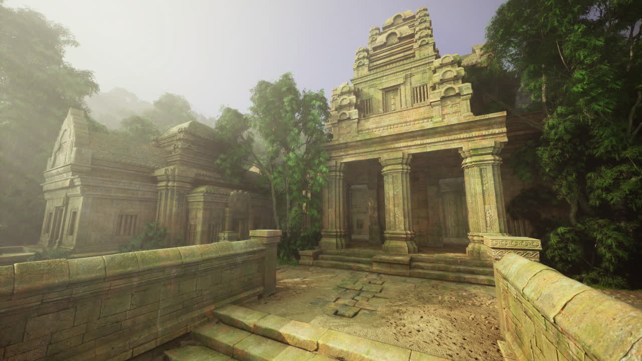 Ancient temple ruins nestled in a lush jungle during early morning fog