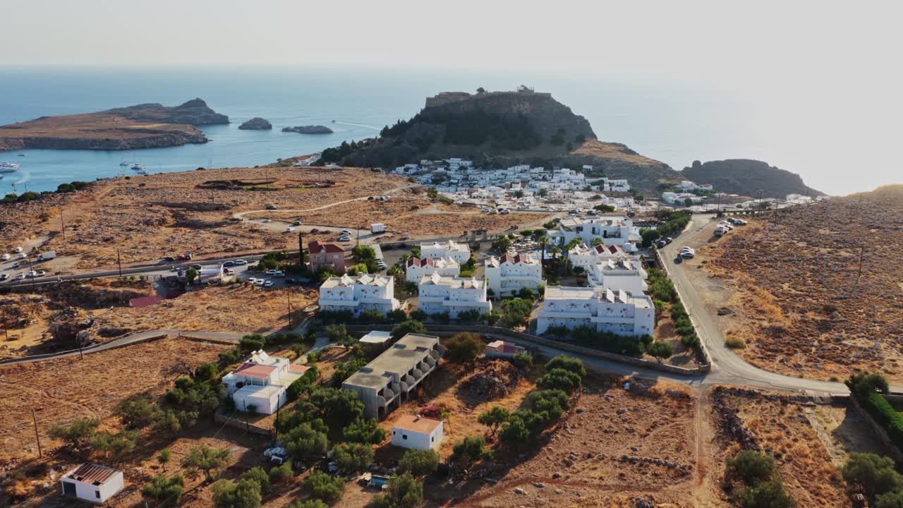 Aerial view of Lindos, Greece with its Acropolis