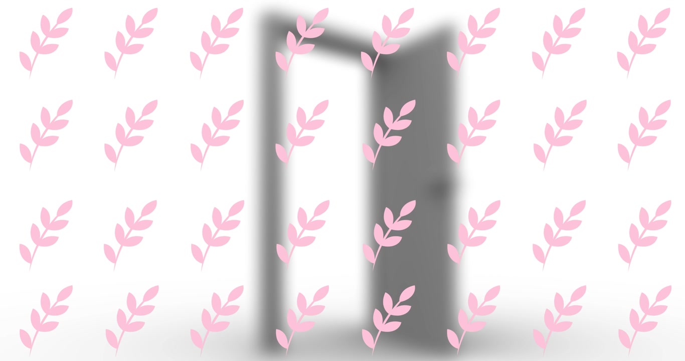 Animazione di foglie rosa che cadono sopra una porta aperta.