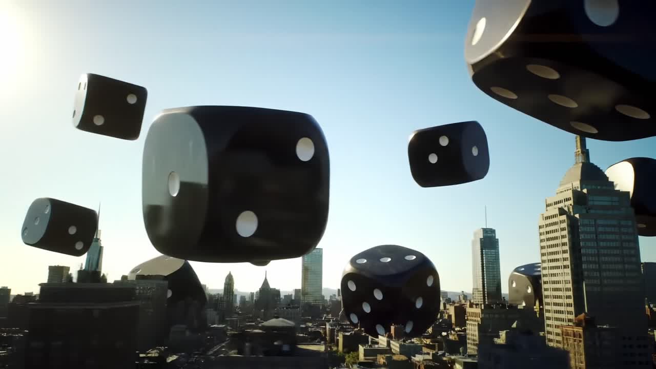 Aerial View of Floating Dice: Captivating Scene of Enormous Dice Suspended Above a Modern City Skyline, Blending Urban Landscapes and Whimsical Elements of Chance