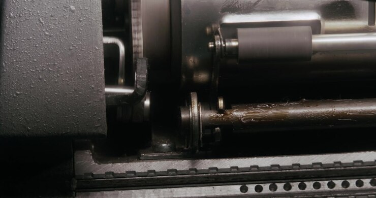 Close-up of the moving cog mechanism inside a vintage typewriter, highlighting precision engineering and classic mechanical design. close up of a retro typewriter, detail, storytelling