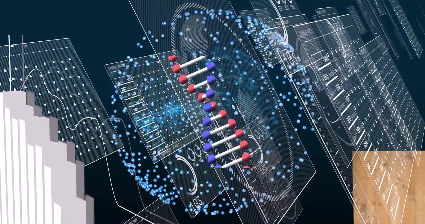 DNA helix floating in 3D data visualization, showing translucent panels and rising bar chart