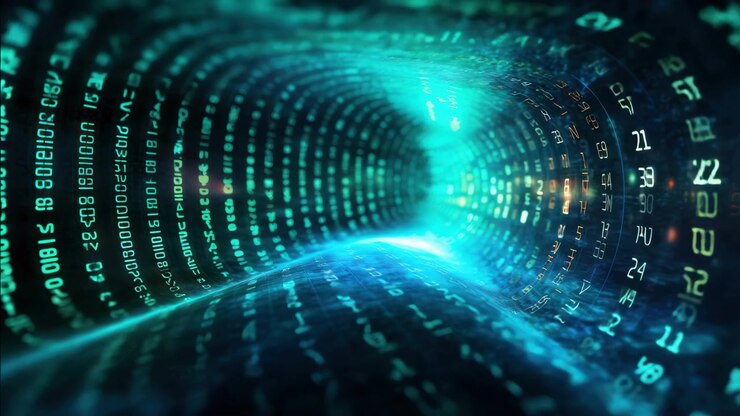 Digital Data Tunnel with Glowing Binary Code