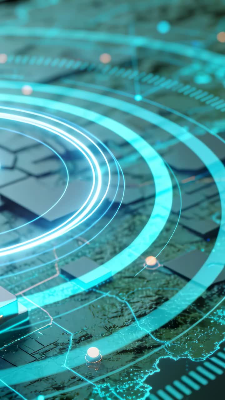 Vertical video: Brightening holographic rings scanning board, lighting microchip cluster and traces