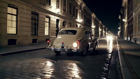 vintage car driving through a night street