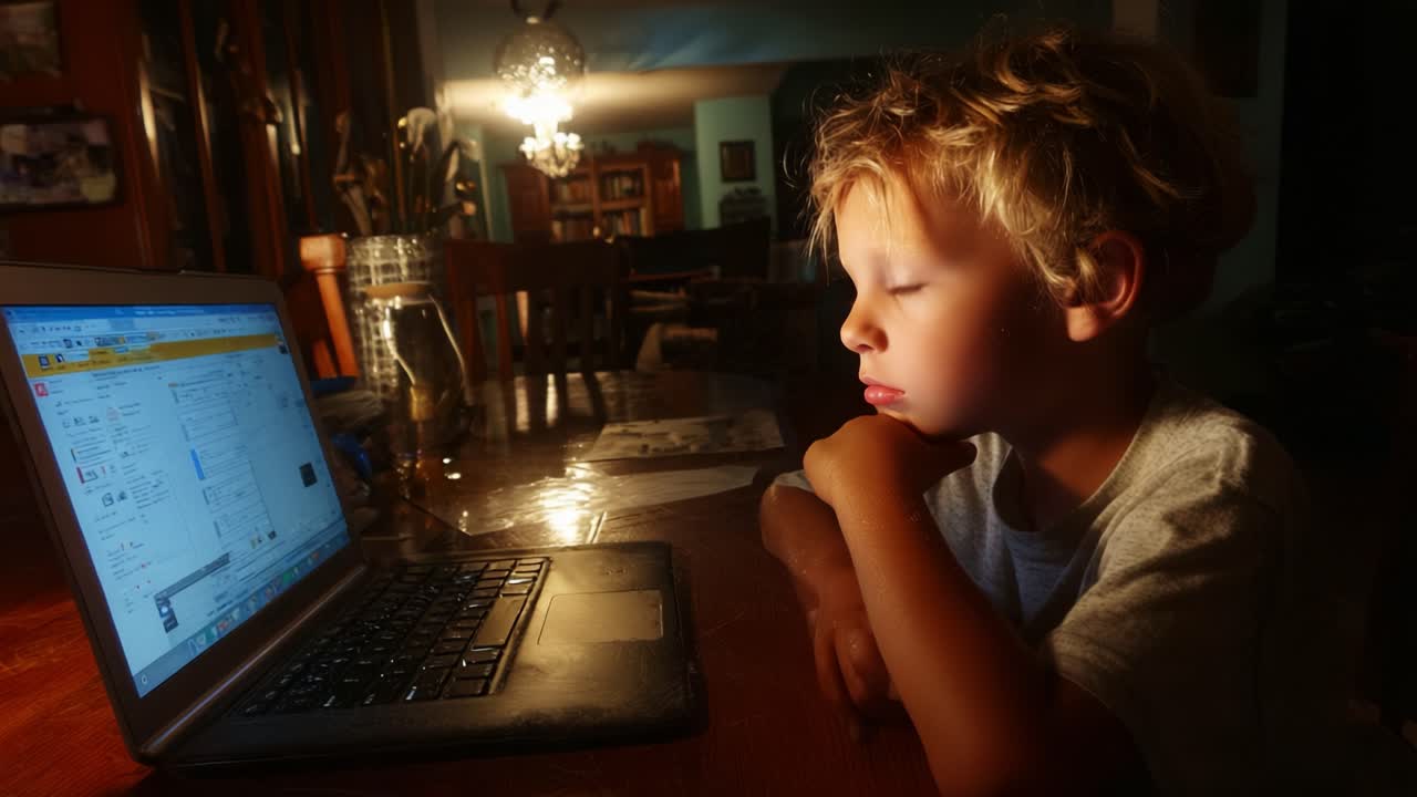 A Young Child Captivated by the Bright Screen of a Laptop, Deep in Thought While Engaged in Learning or Entertainment During a Cozy Evening at Home