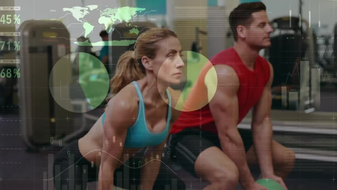 animación del procesamiento de datos financieros sobre una pareja caucásica haciendo ejercicio en el gimnasio