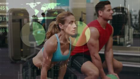 animación del procesamiento de datos financieros sobre una pareja caucásica haciendo ejercicio en el gimnasio