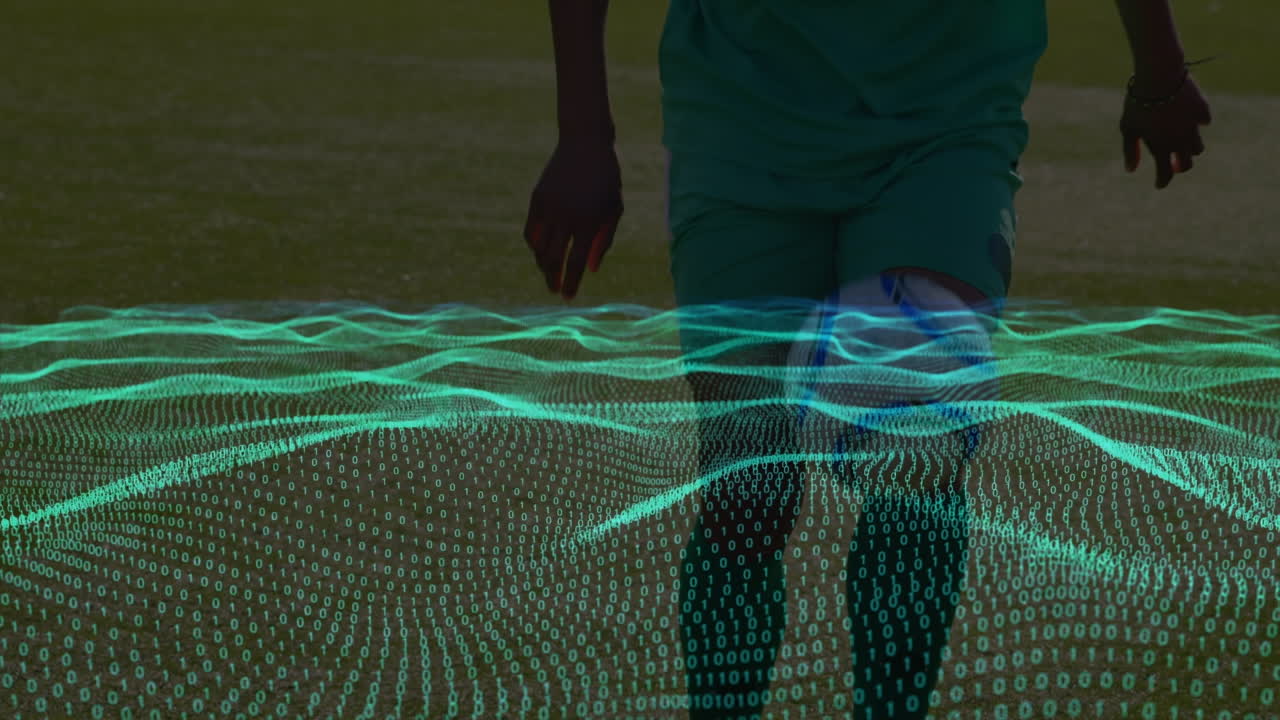 스타디움에서 두 인종의 축구 선수에 대한 바이너리 코딩으로 파동의 애니메이션