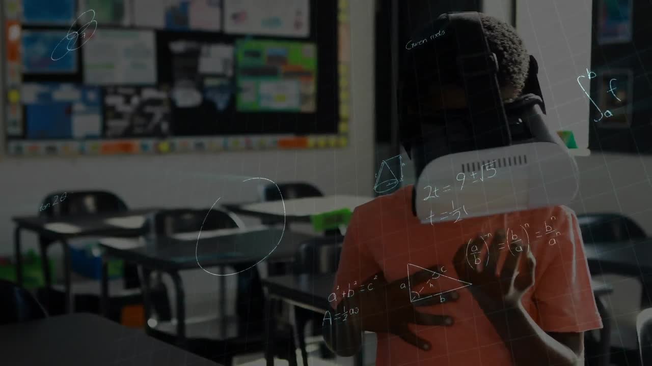 Animation of mathematical formulas over schoolboy using vr headset