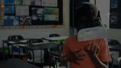Animation of mathematical formulas over schoolboy using vr headset