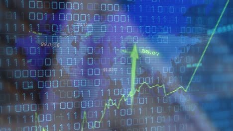 animación del procesamiento de datos de codificación binaria sobre el mapa del mundo contra un fondo negro