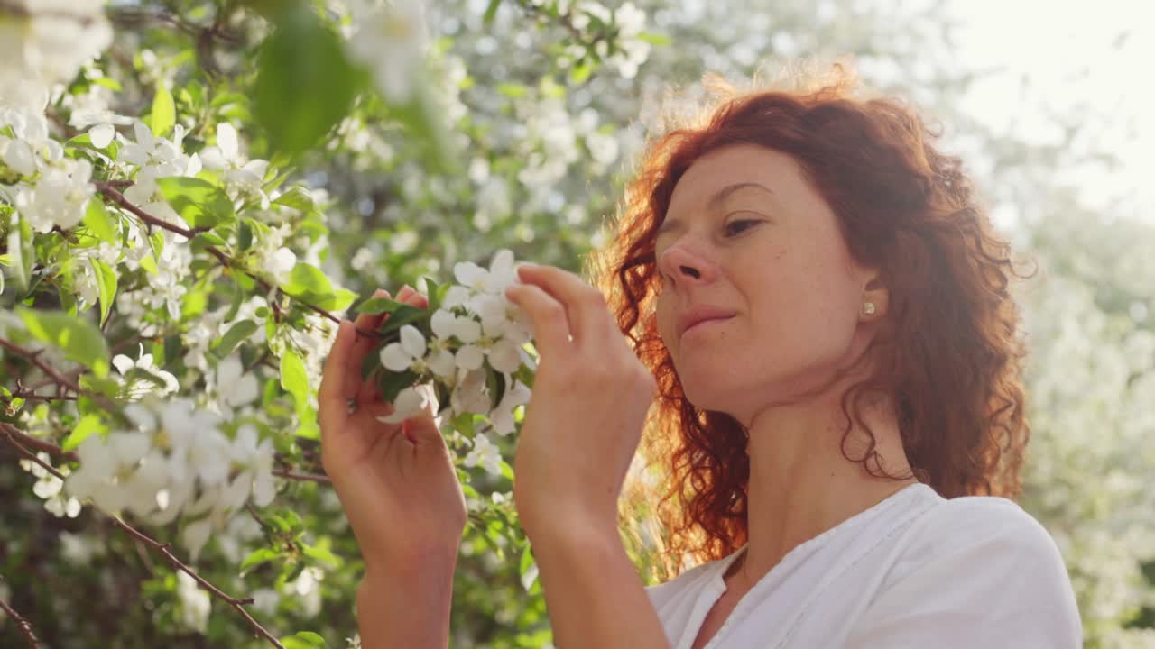 Woman enjoying apple blossoms in spring