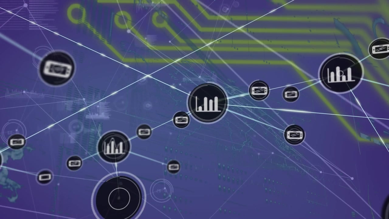 Animation of network of connections with icons over blue background