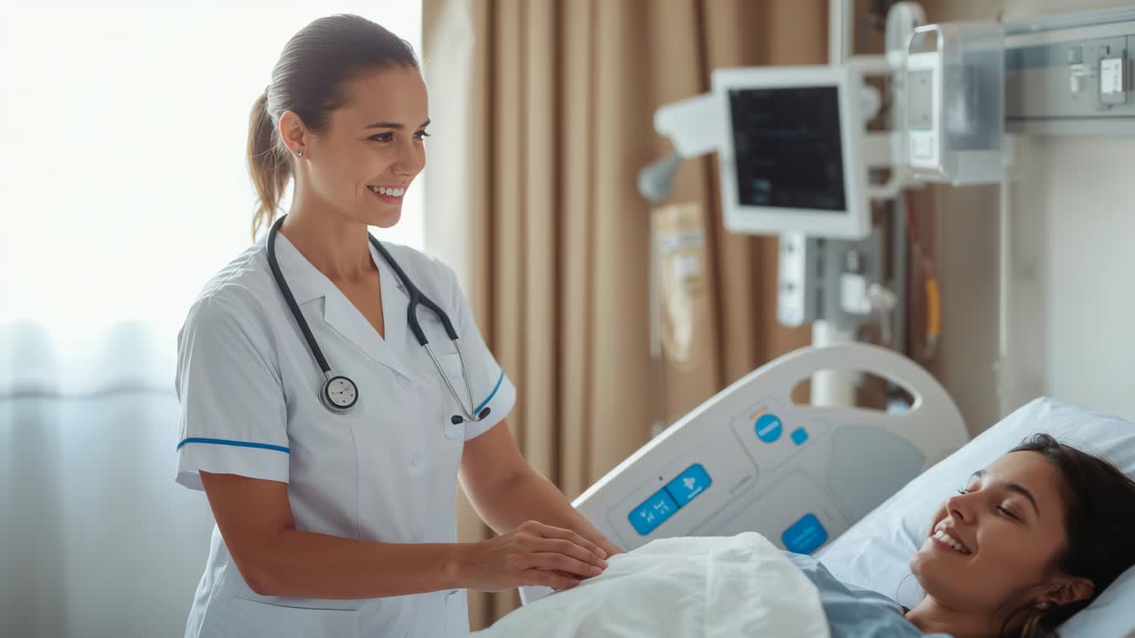 Enfermeira de uniforme fazendo uma checagem à beira do leito, ajeitando o cobertor na cama do hospital, com monitor