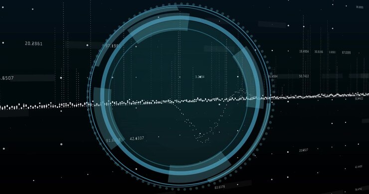 Digital video shows a circle of dots growing with numbers 1 and 2, symbolizing global interface.