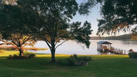 serene lakeside property at sunset