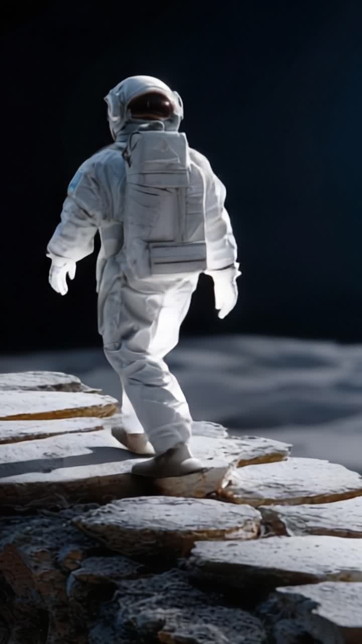 An astronaut strides purposefully across a rocky lunar landscape, showcasing a sense of exploration and discovery in the vast, moonlit environment before them