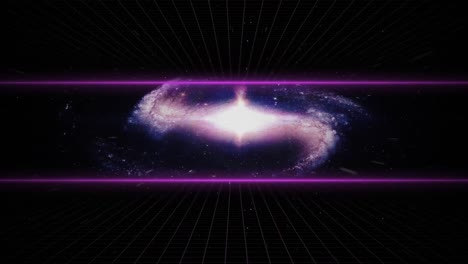 galaxia giratoria en el cielo nocturno entre dos líneas horizontales púrpuras
