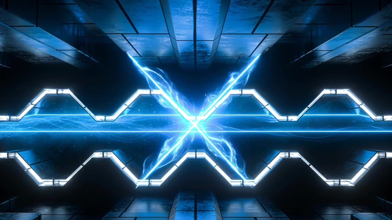 Un nastro blu si intensifica attraverso un corridoio metallico, reagendo a un impulso e illuminando cornici esagonali.