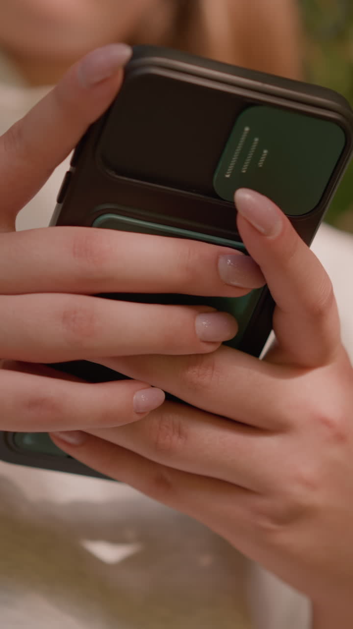 primer plano de una persona que opera un teléfono inteligente con uñas pulidas, las sombras de escritura crean un patrón suave en la ropa, el fondo muestra un entorno verde natural con hojas que se balancean suavemente en la brisa