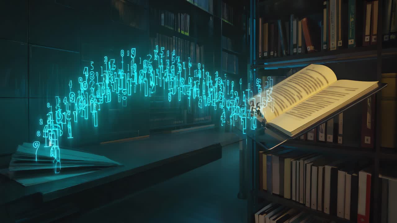 Digital Data Flowing into an Open Book in a Futuristic Library