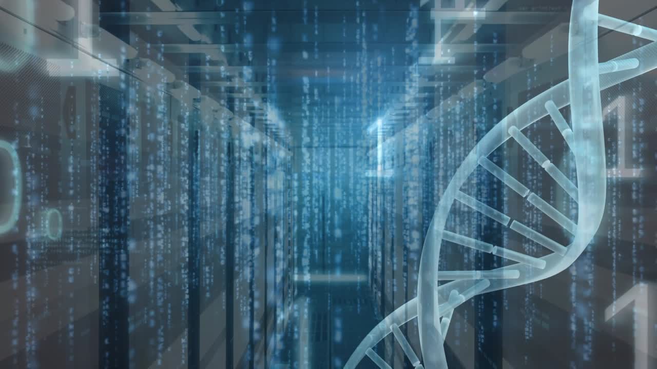 Animation of binary coding and dna structure spinning over server room