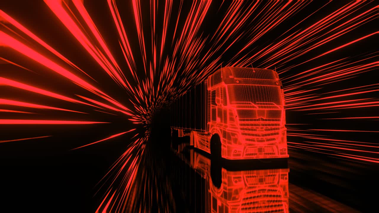 3D animation loop of red neon truck riding fast