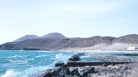 rocky coastline with waves and mountains