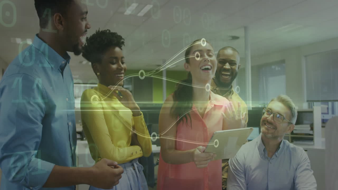 In office, diverse team collaborating with animation of digital network connections