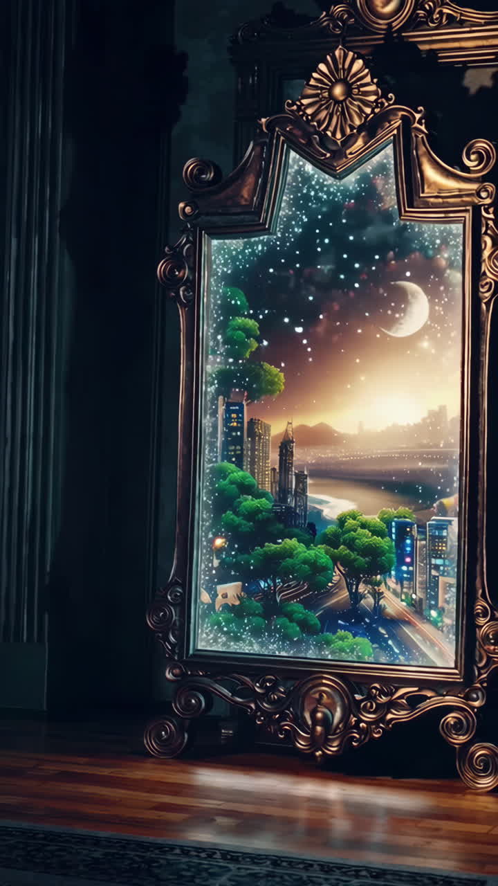 Magical Cityscape Reflected in an Ornate Mirror
