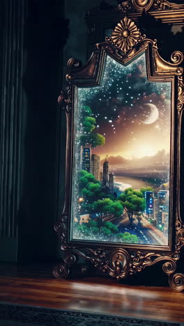 magical cityscape reflected in an ornate mirror