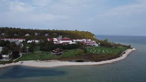 island with buildings and natural landscapes