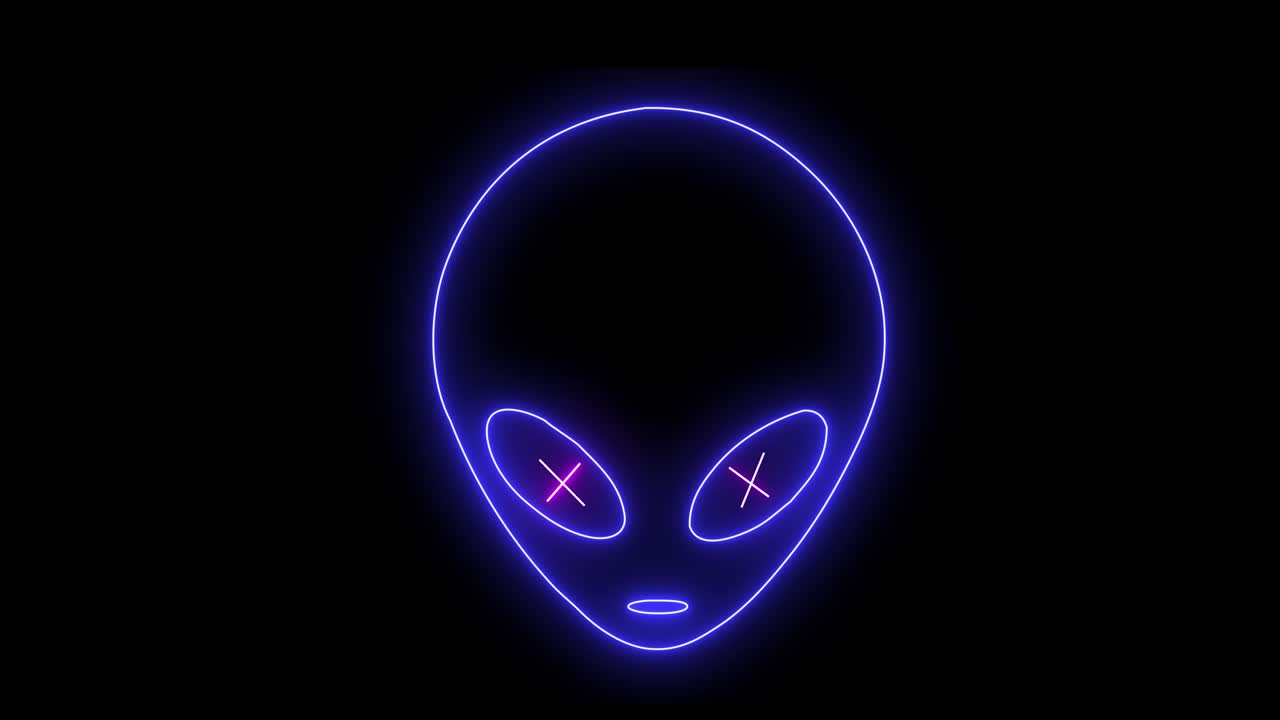 Neon UFO-ansikt, glødende alien-emoji-lys. Skapning, monster, futuristisk karakter isolert med LED- og neonlys