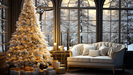 a white christmas tree sits in front of a window with snow outside. a couch is in the background, and there are several presents scattered around the room.